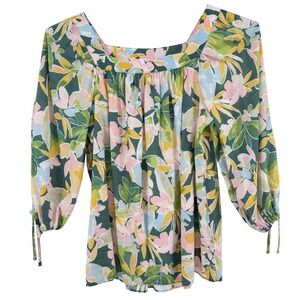 Lauren Conrad Floral Square Neck 3/4 Sleeve Blouse Top XS Green Pink Yellow